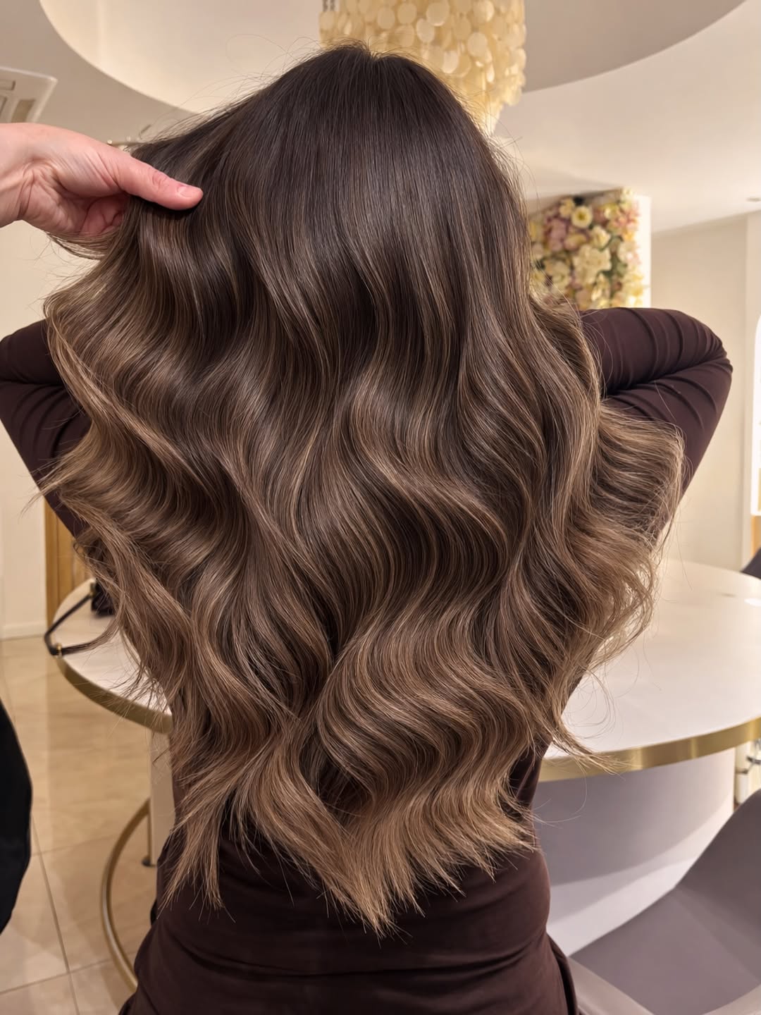 Rich Brunette With Ash Balayage Waves