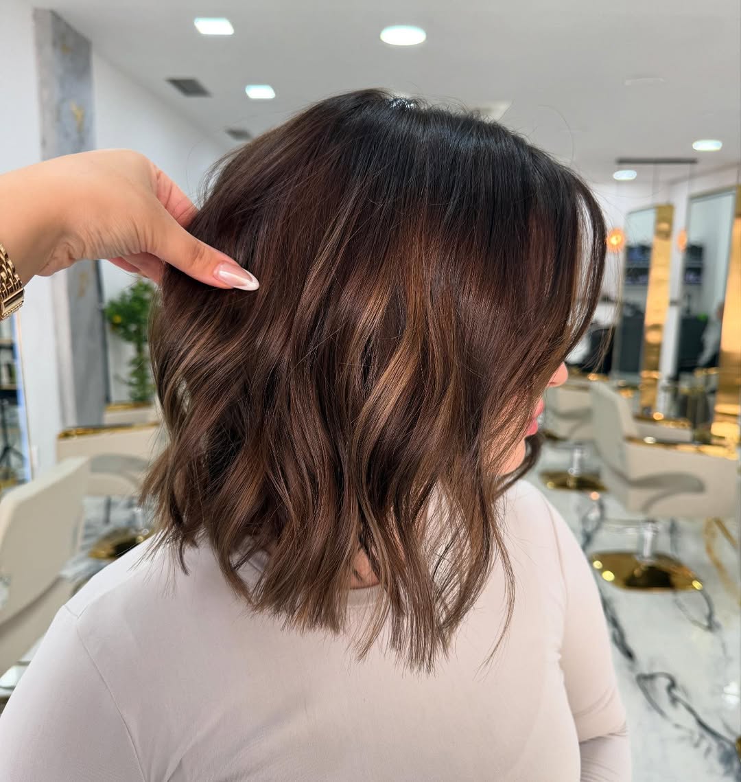 Rich Chocolate Brown Lob With Caramel Balayage