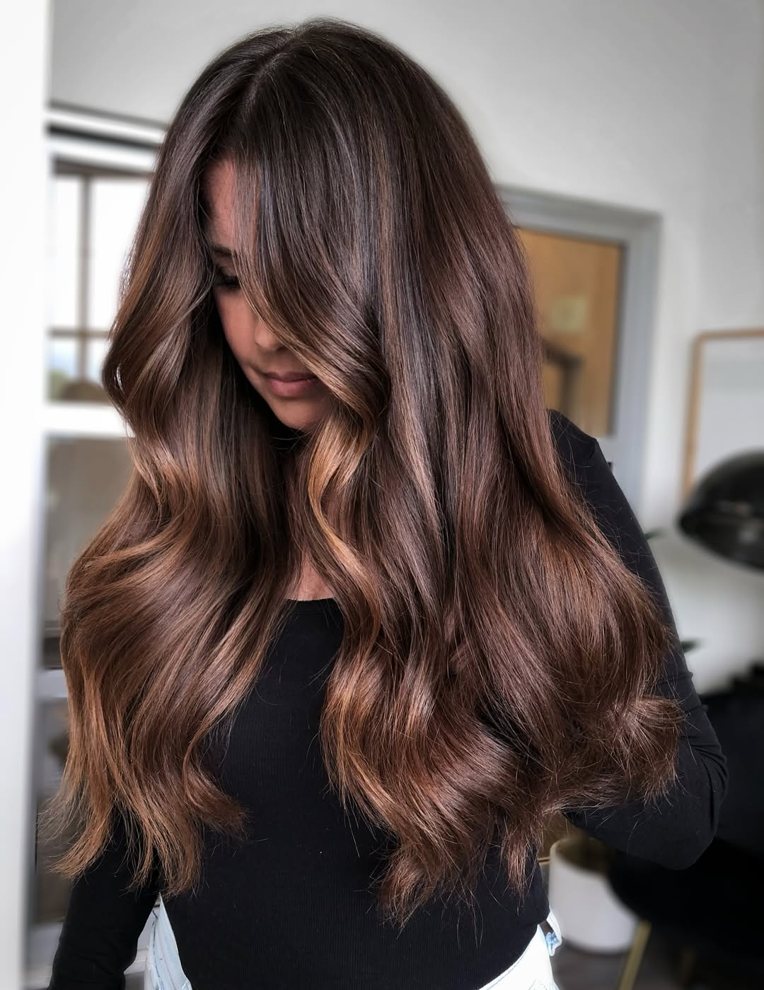 Rich Warm Brunette Balayage With Voluminous Waves