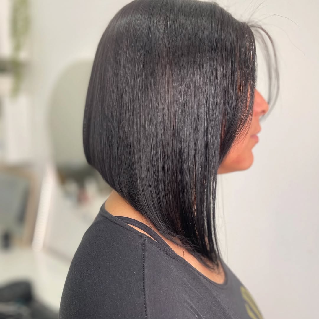 Sleek Angled Lob Jet Black Hair