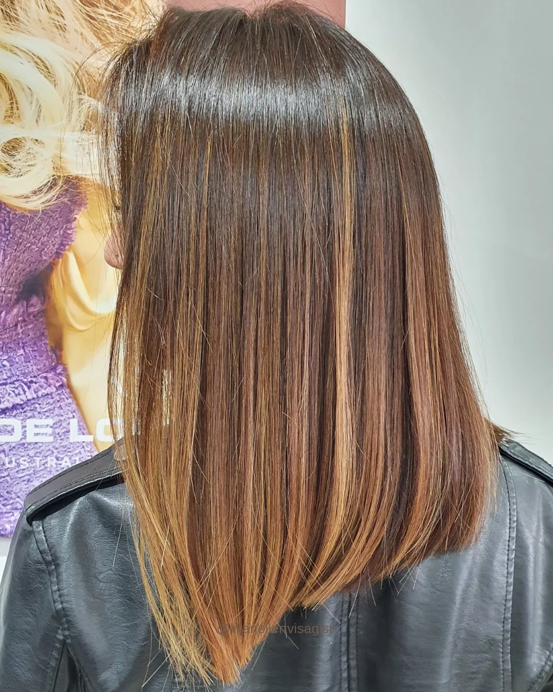 Sleek Brown Lob With Caramel Balayage