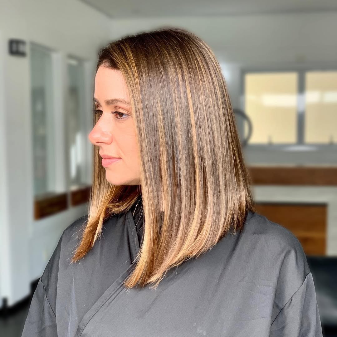 Sleek Caramel Balayage On A-Line Lob Cut