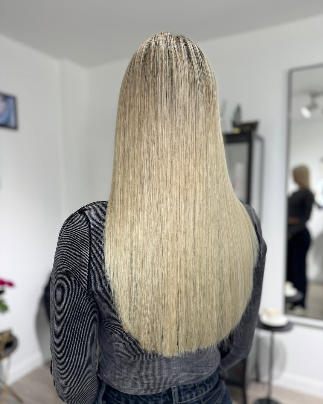 Sleek Waist-Length Platinum Blonde Hair With Shadow Root