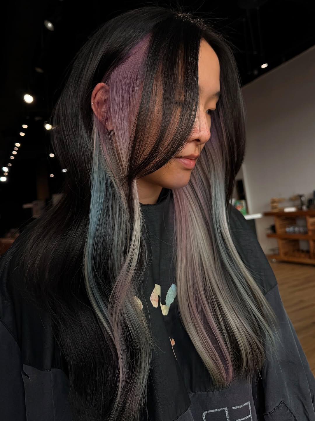 Soft Black Hair With Pastel Peekaboo Highlights