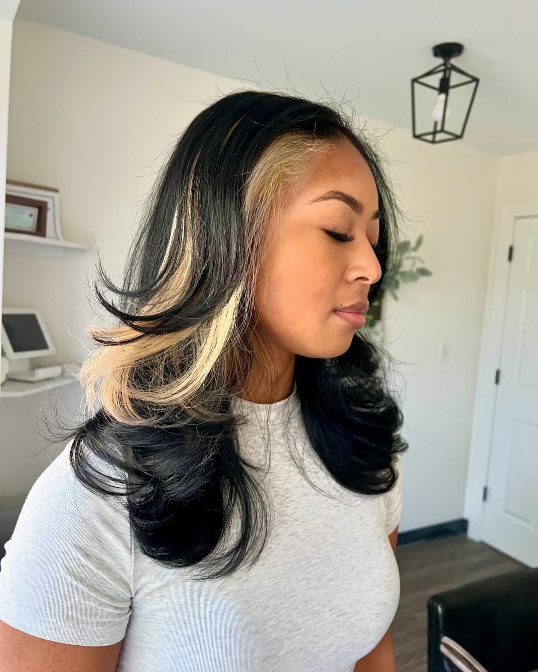 Soft voluminous skunk stripe on black hair