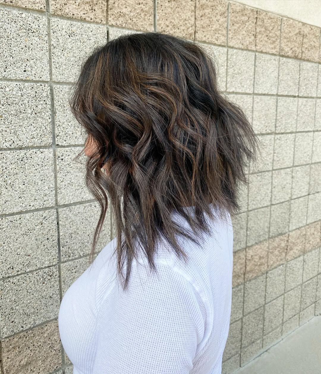 Textured Brunette Lob With Caramel Balayage Waves
