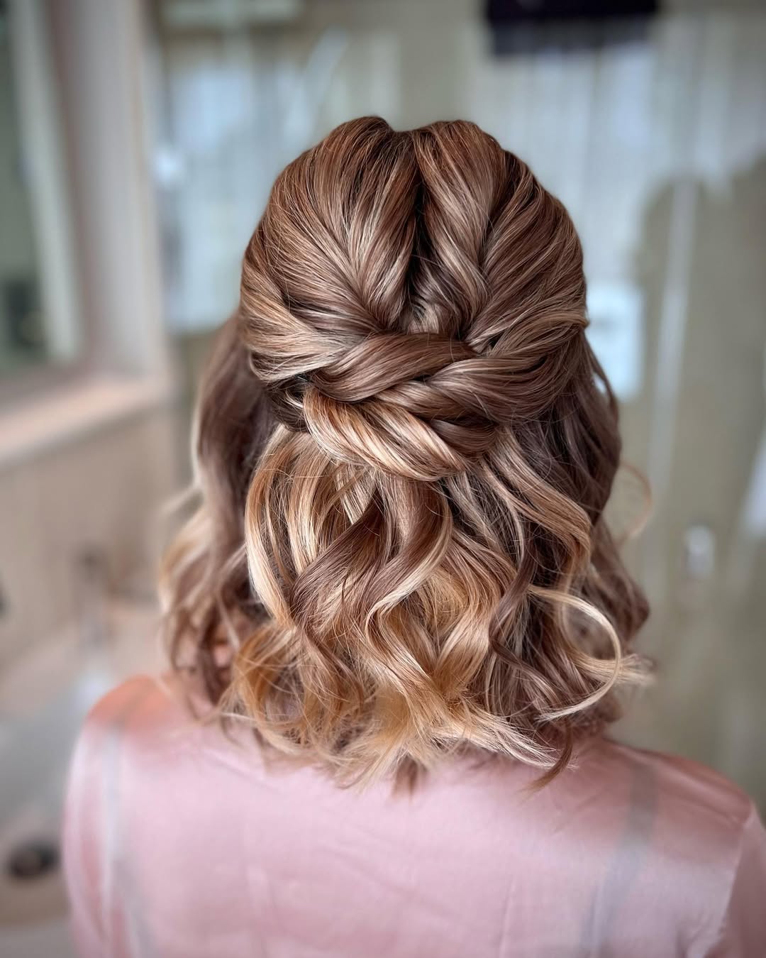 Textured Half-Updo with Wavy Balayage Bob
