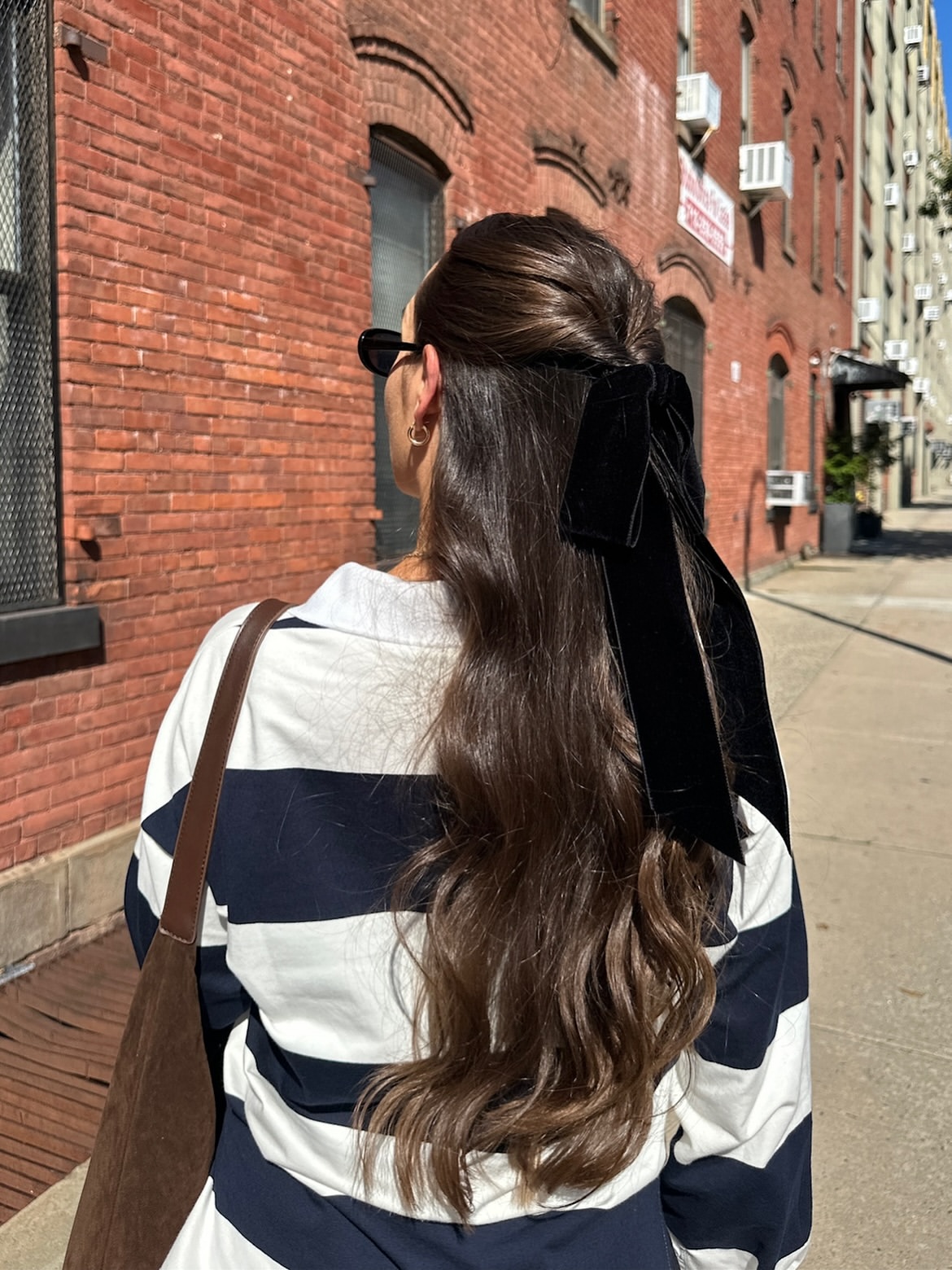 Velvet Bow Half-Up Waves With Rich Brunette