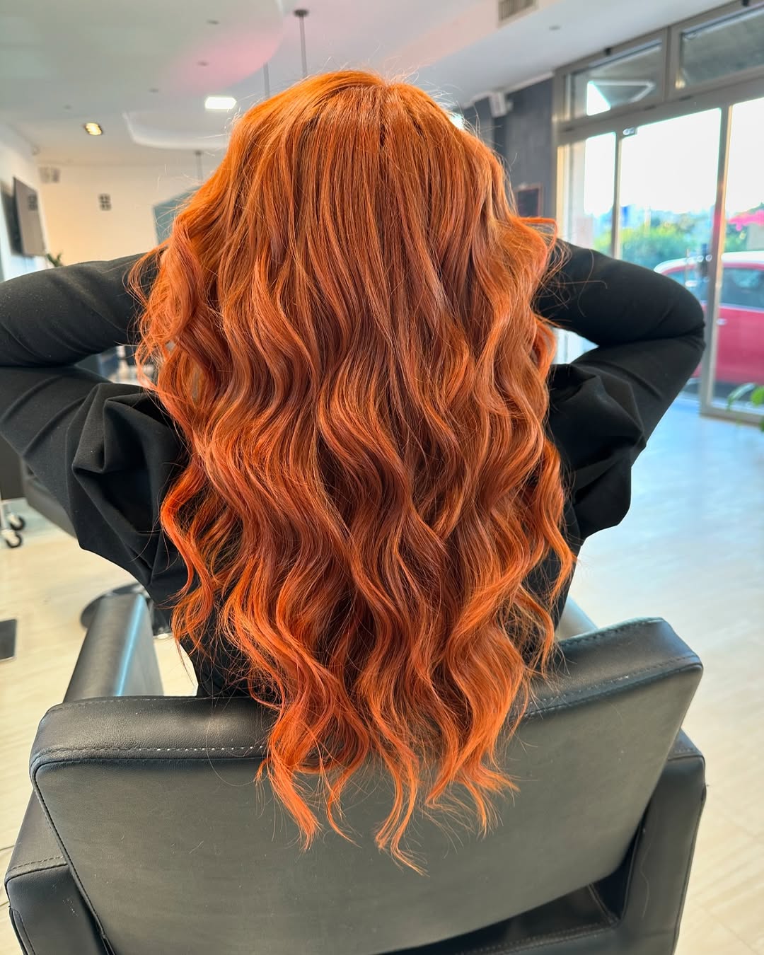 Vibrant Copper Wavy Layers For Mid-Back Hair