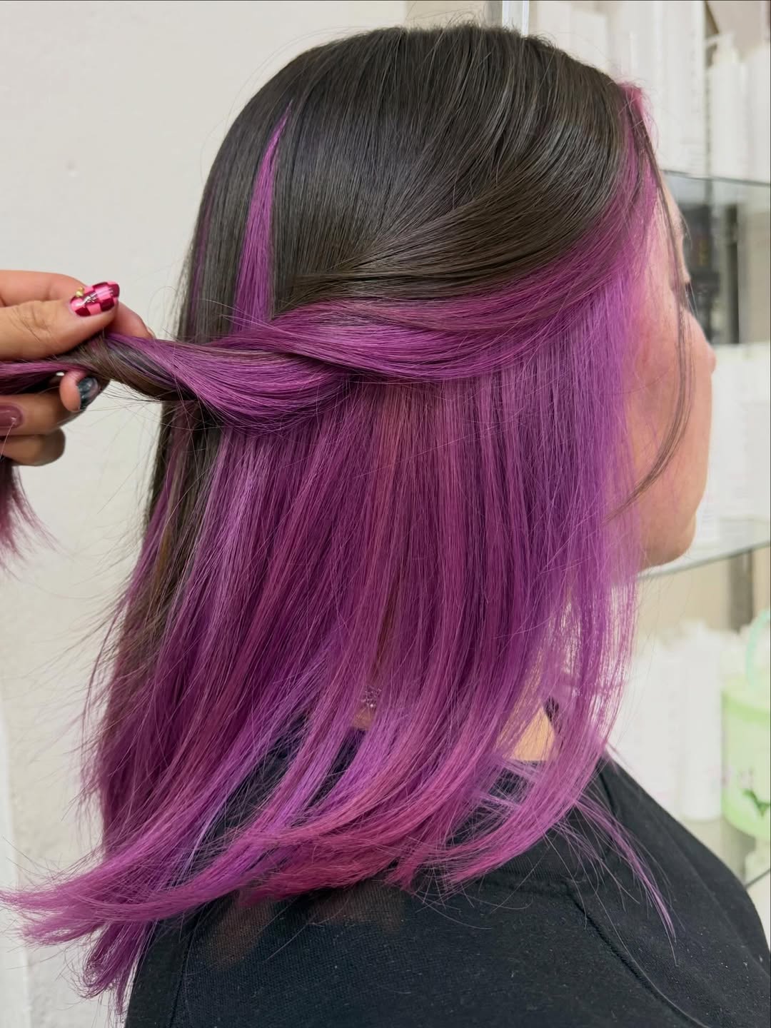 Vibrant Magenta Peekaboo On Dark Hair