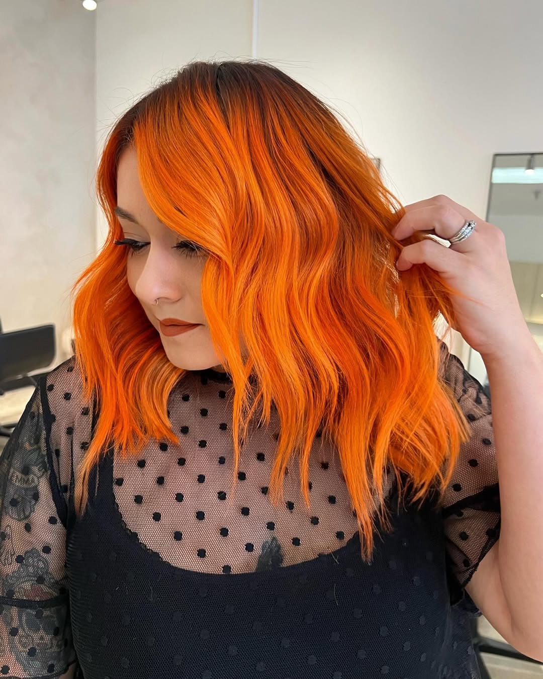 Vibrant Neon Orange Lob With Shadow Root And Waves