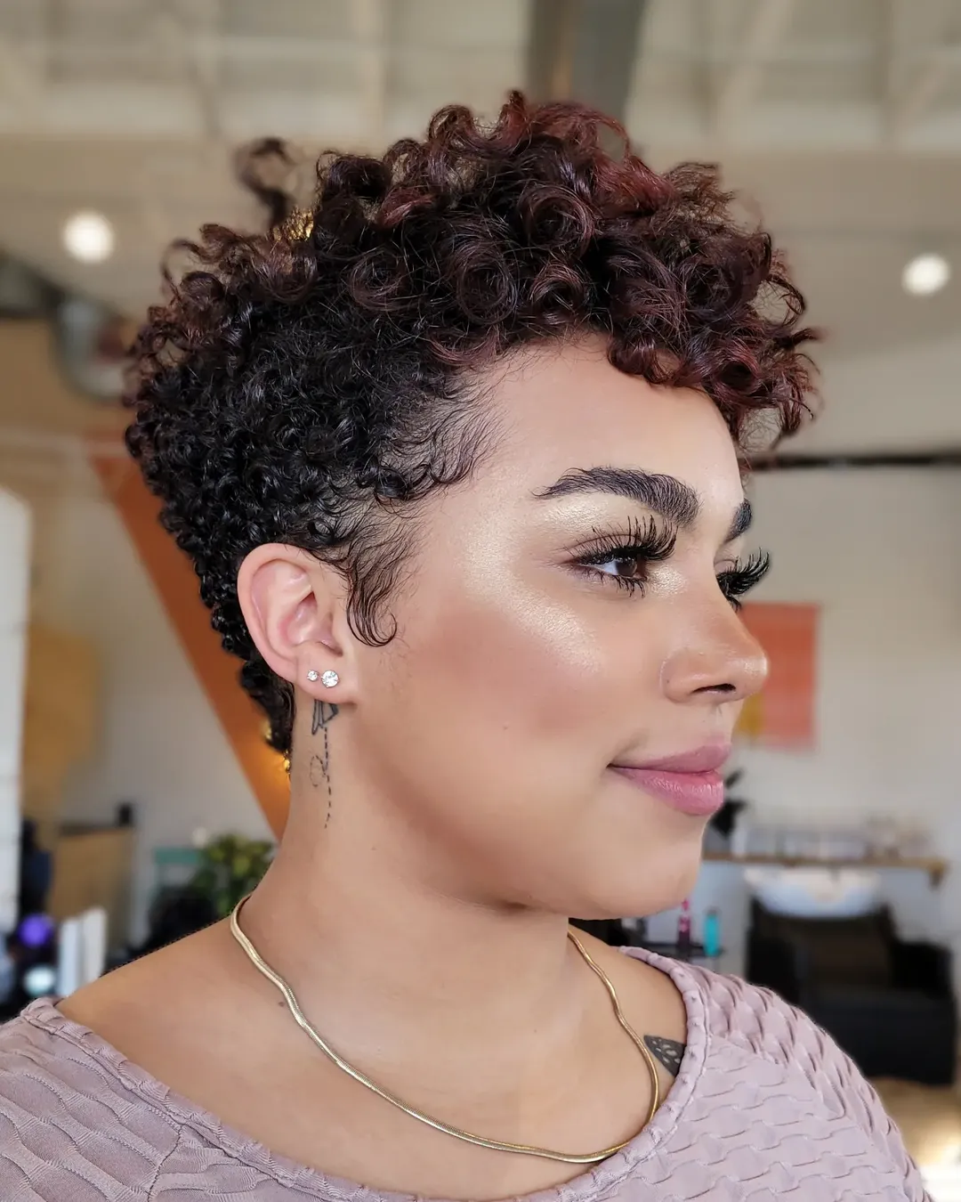 Vibrant Reddish Brown Curly Pixie with Baby Hairs