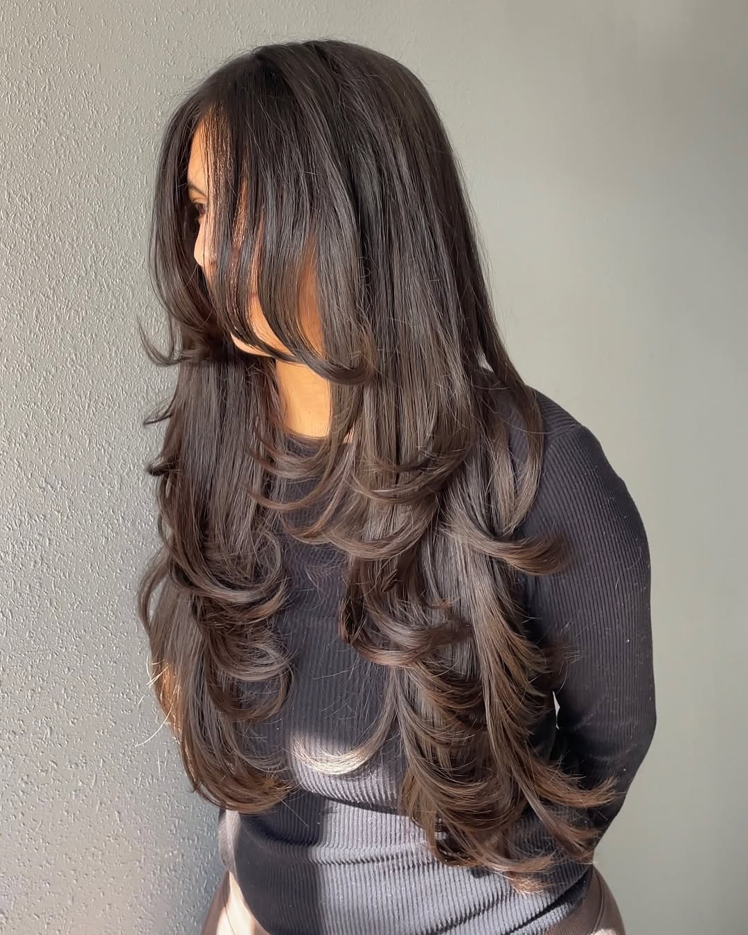 Voluminous Brunette Layered Cut With Face Framing