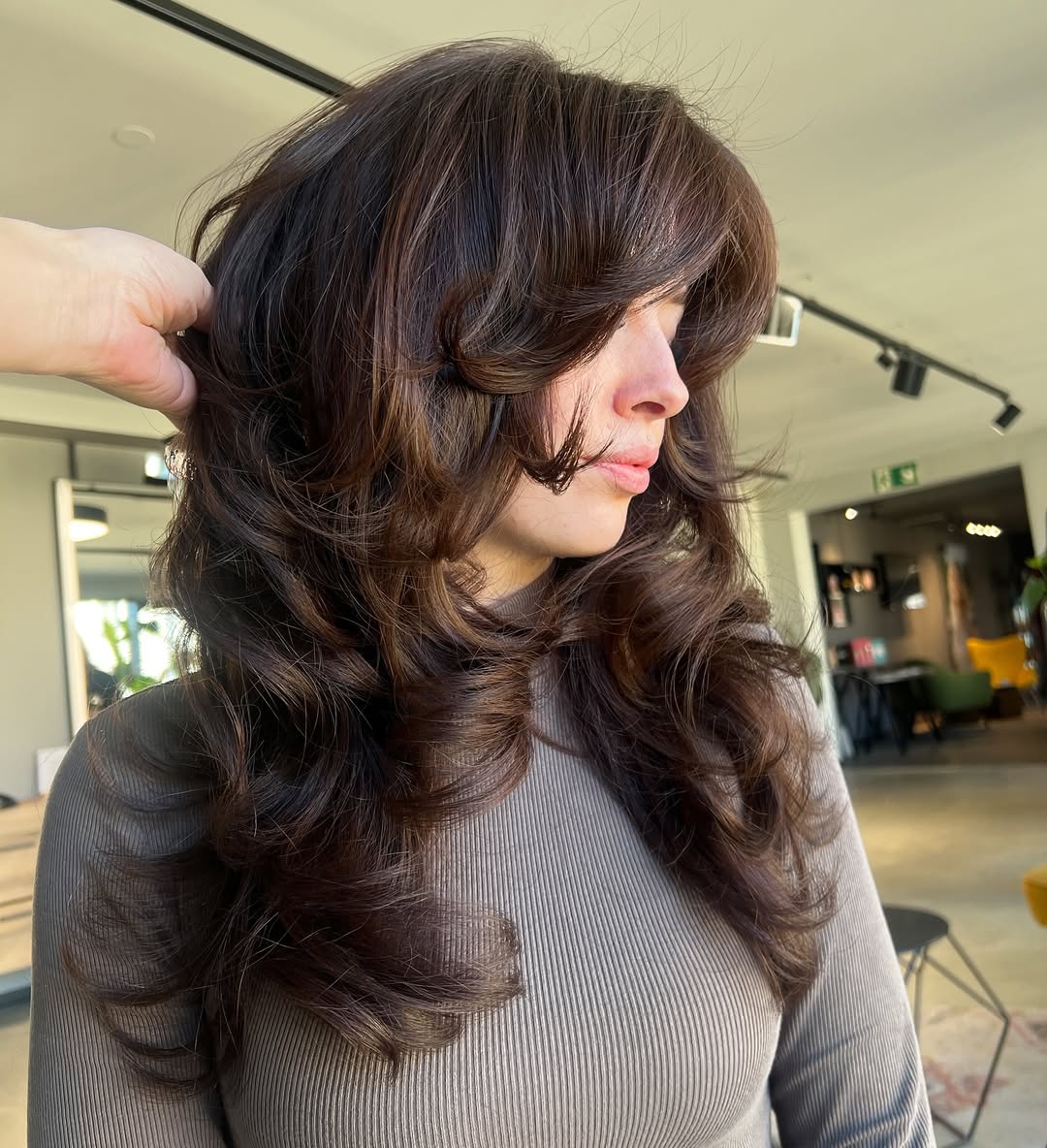 Voluminous Dark Brown Long Shag With Bangs