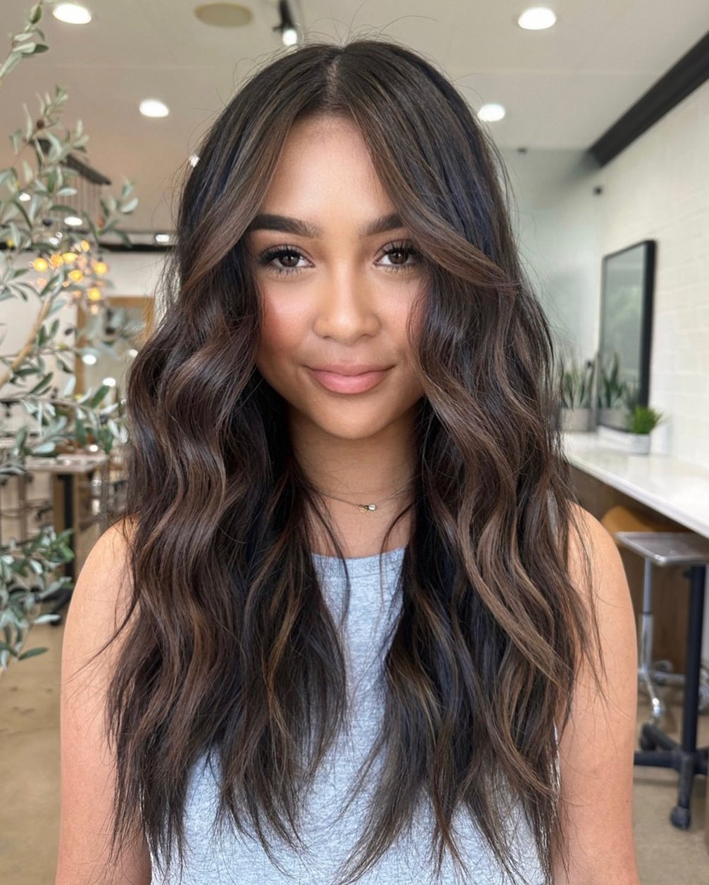 Warm Caramel Brown Balayage With Flowy Face Framing Layers