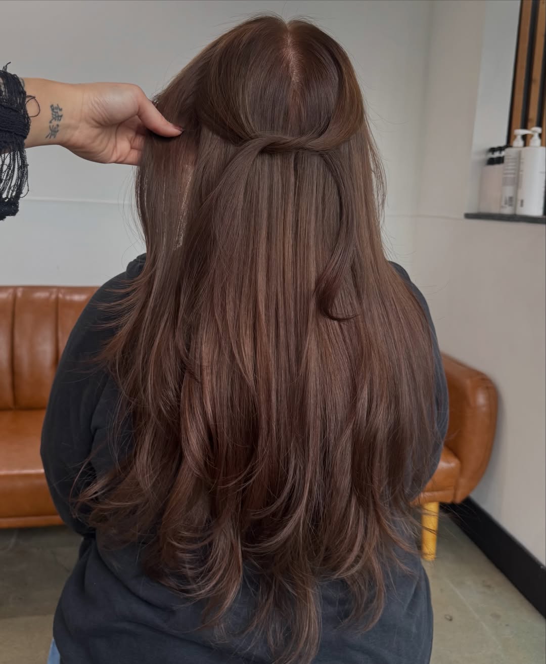 Warm Chocolate Brown Long Layers With Half-Up Twist