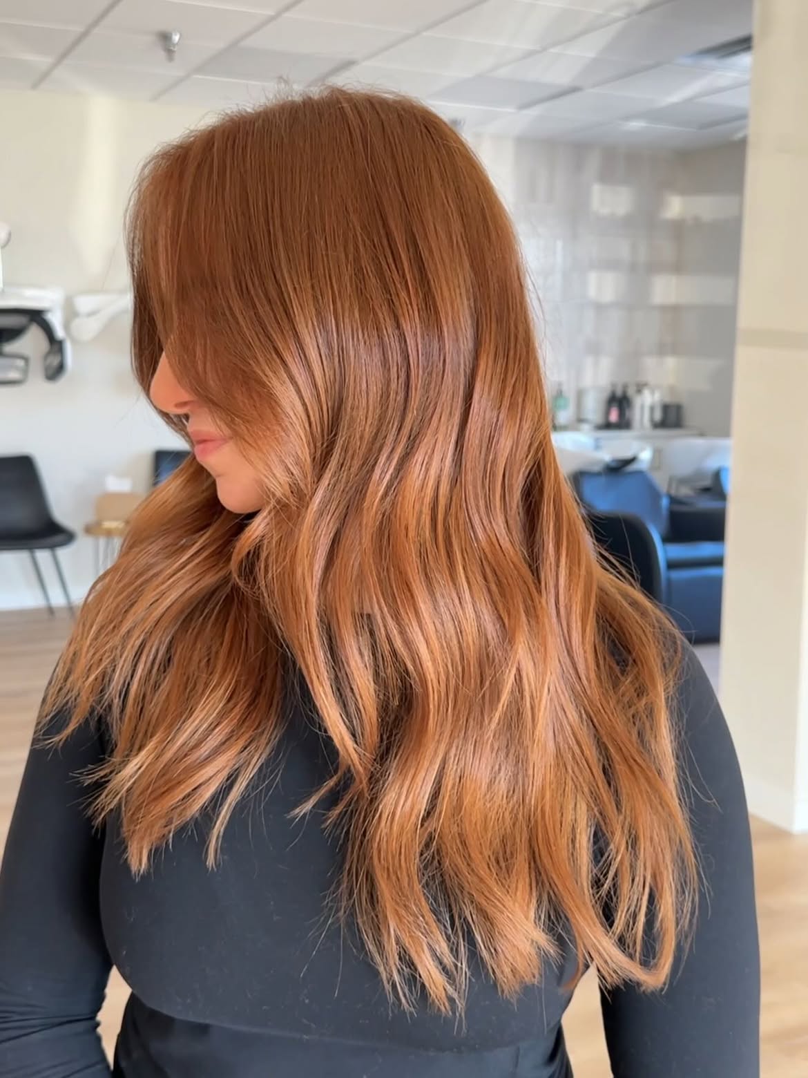 Warm Copper Balayage With Soft Waves