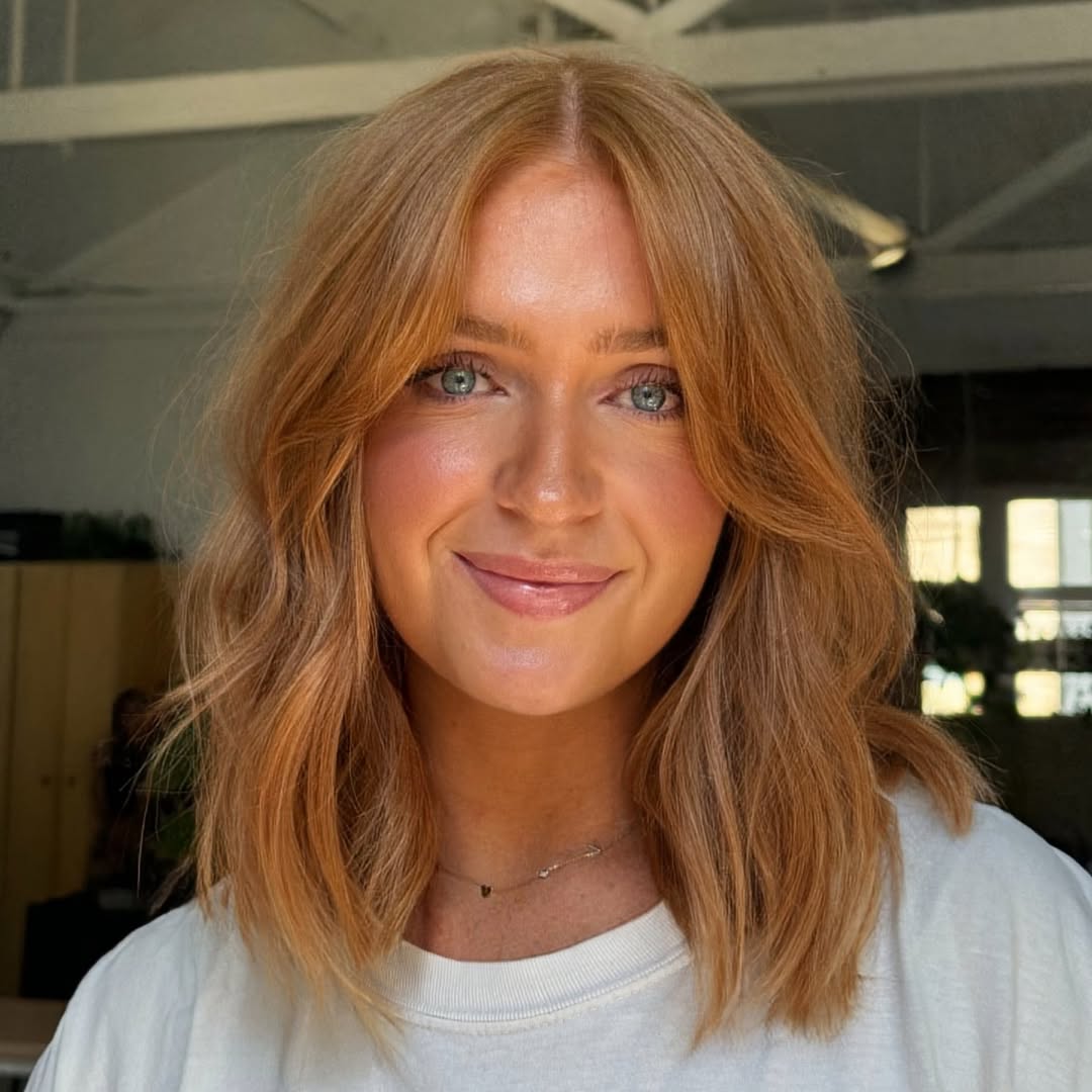 Warm Copper Lob With Curtain Bangs