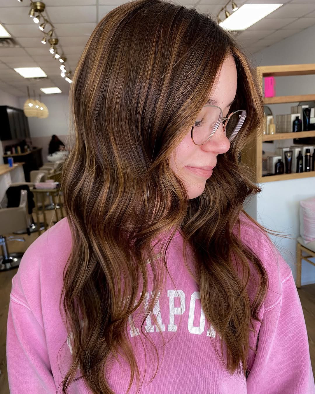 Warm Toasted Caramel Highlights On Brown Waves