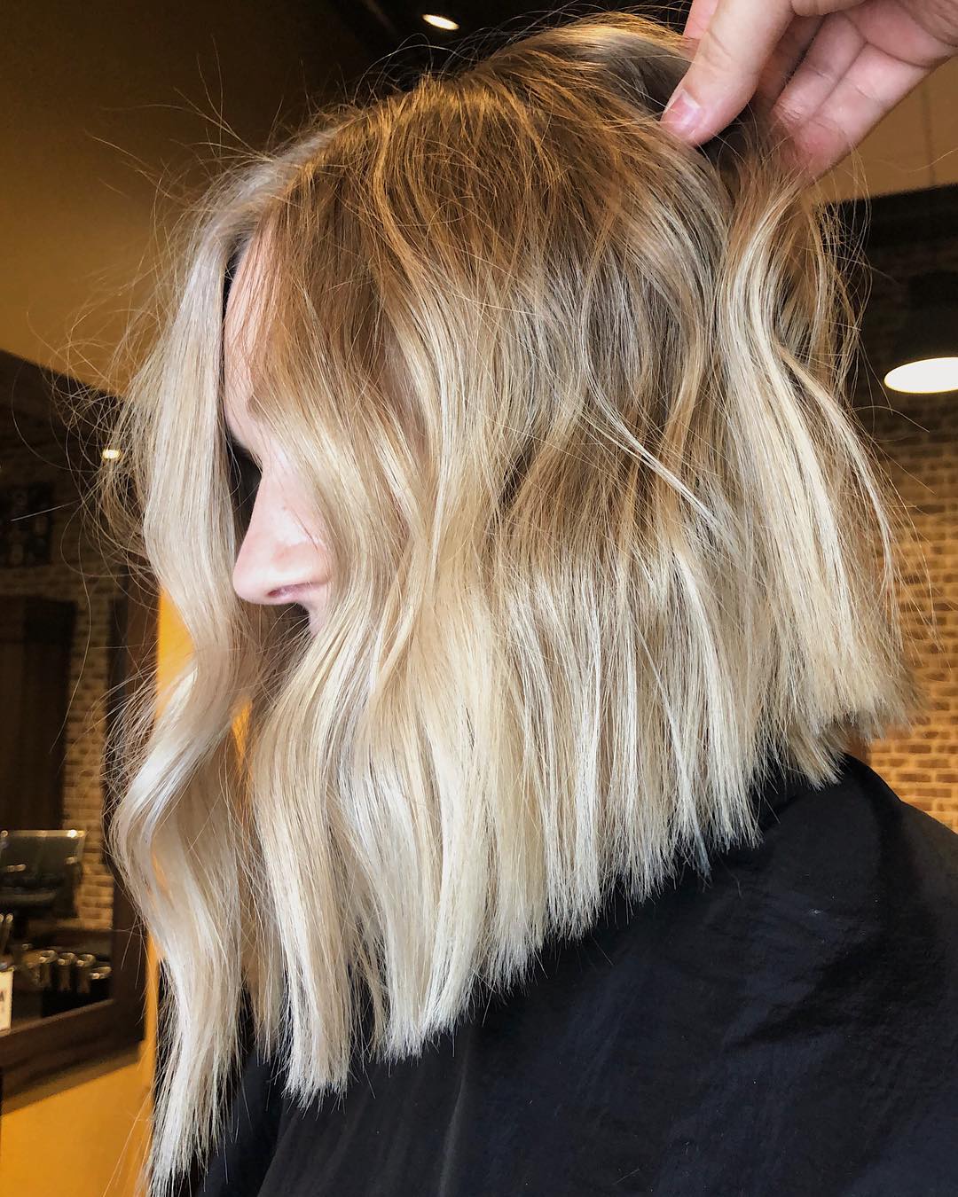 Wavy Ash Blonde Lob with Dark Roots