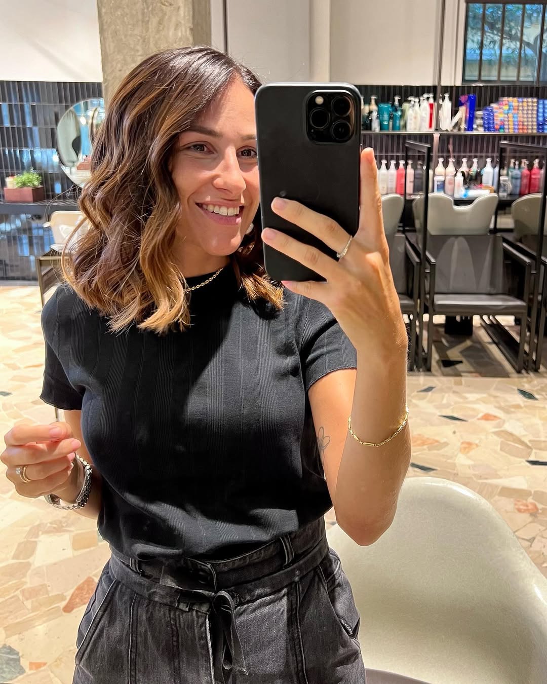 Wavy Caramel Balayage Lob With Piecey Finish