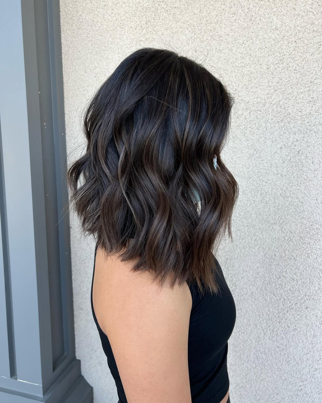 Wavy Dark Brunette Lob With Subtle Balayage