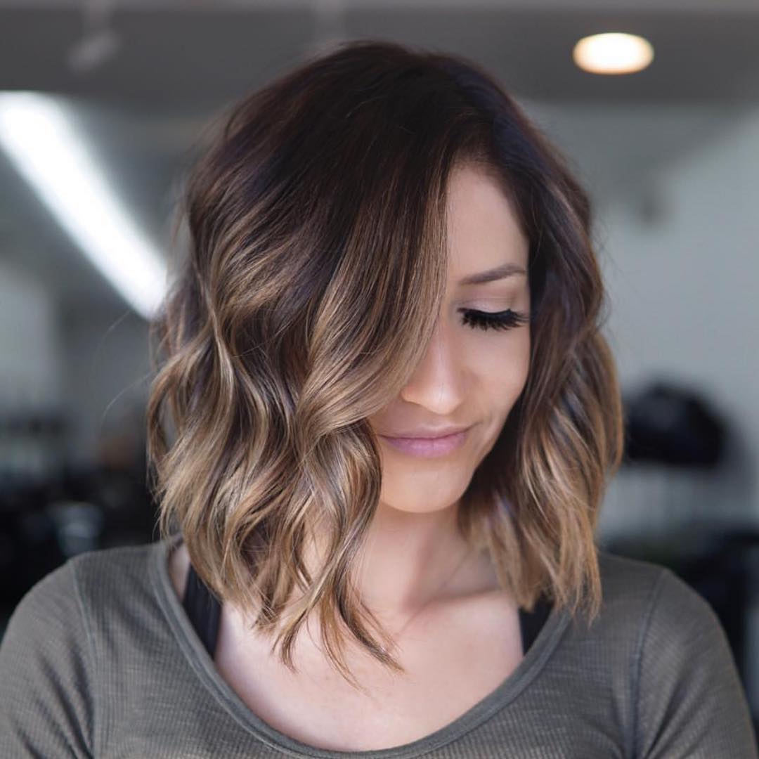 Wavy Honey Caramel Balayage Lob With Side Part