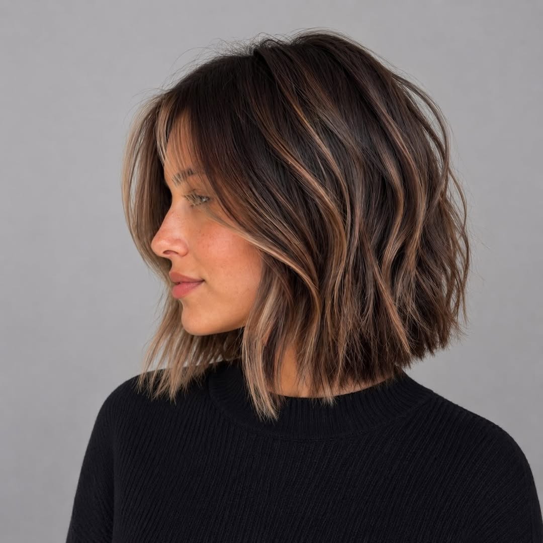 Wavy Tousled Bob With Caramel Face-Framing Balayage