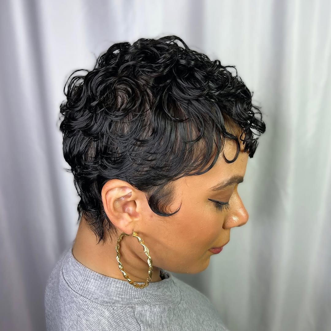 Wet Look Curly Pixie With Defined Baby Hairs