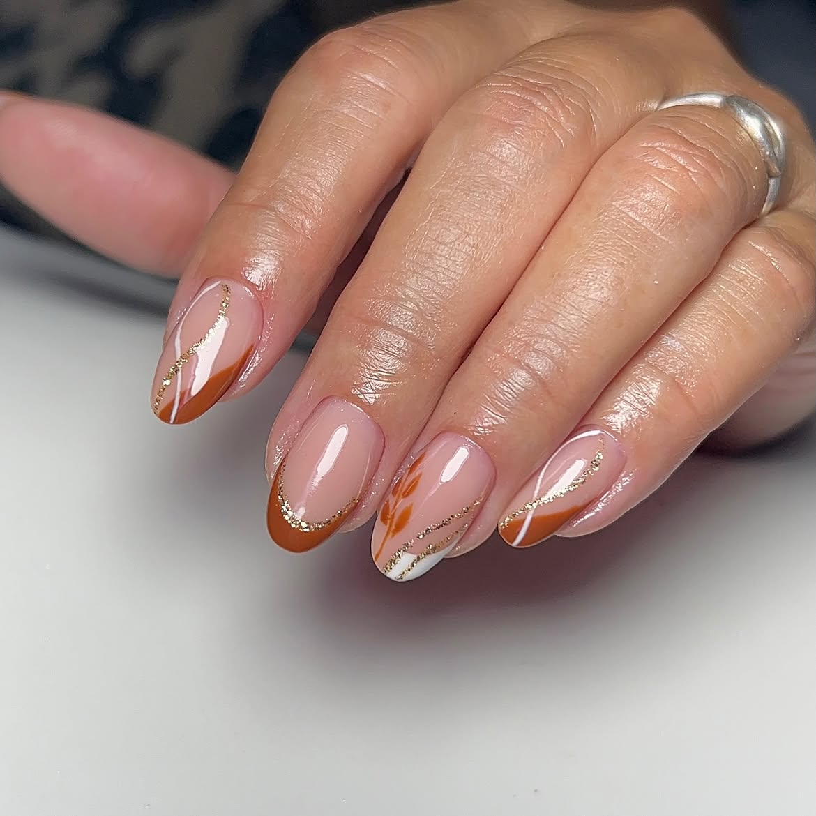Autumn Leaf Almond French Tips with Gold Glitter Accents