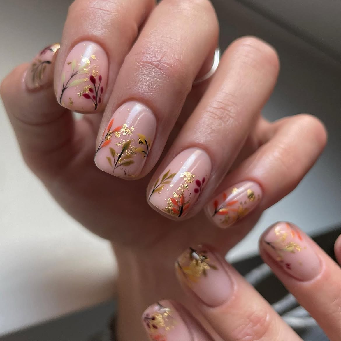 Autumn Leaves and Gold Foil Accent Nails