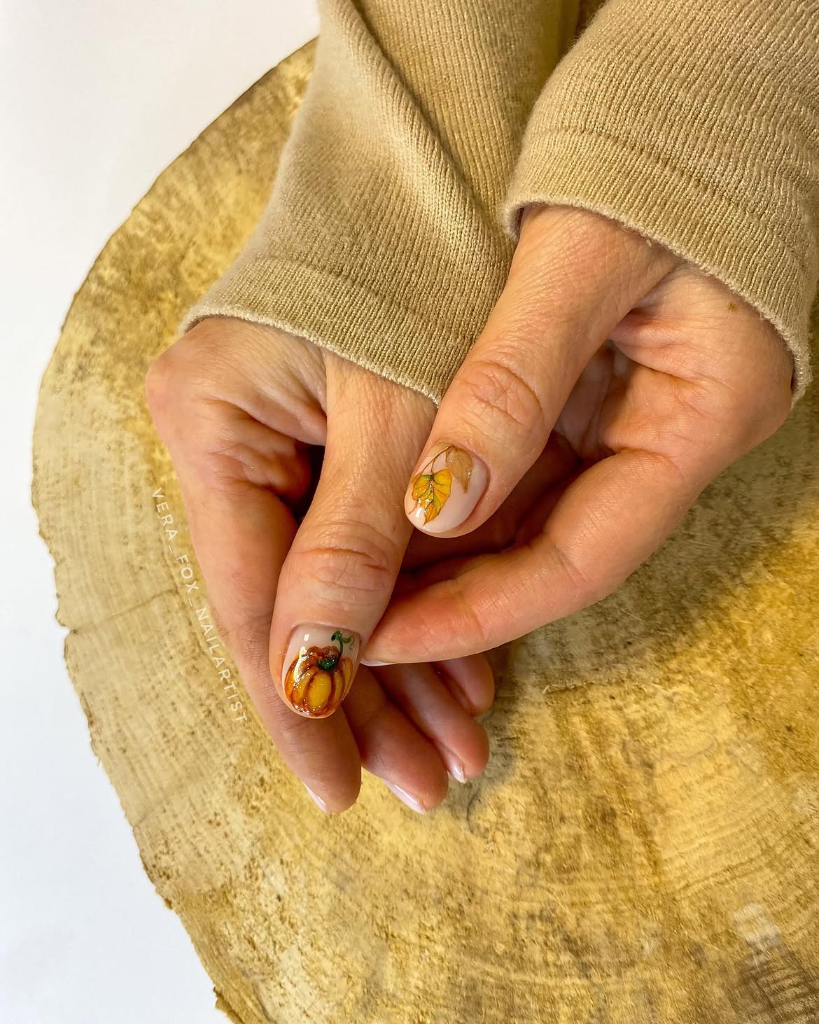 Autumn Pumpkin and Leaf Accent Nails