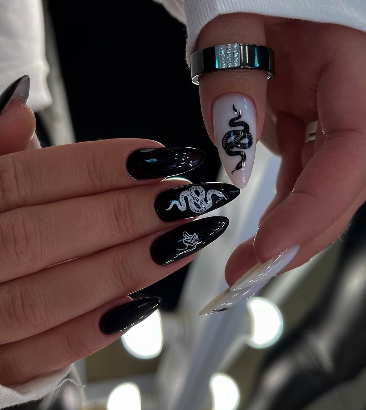 Black and White Snake Aura Almond Nails