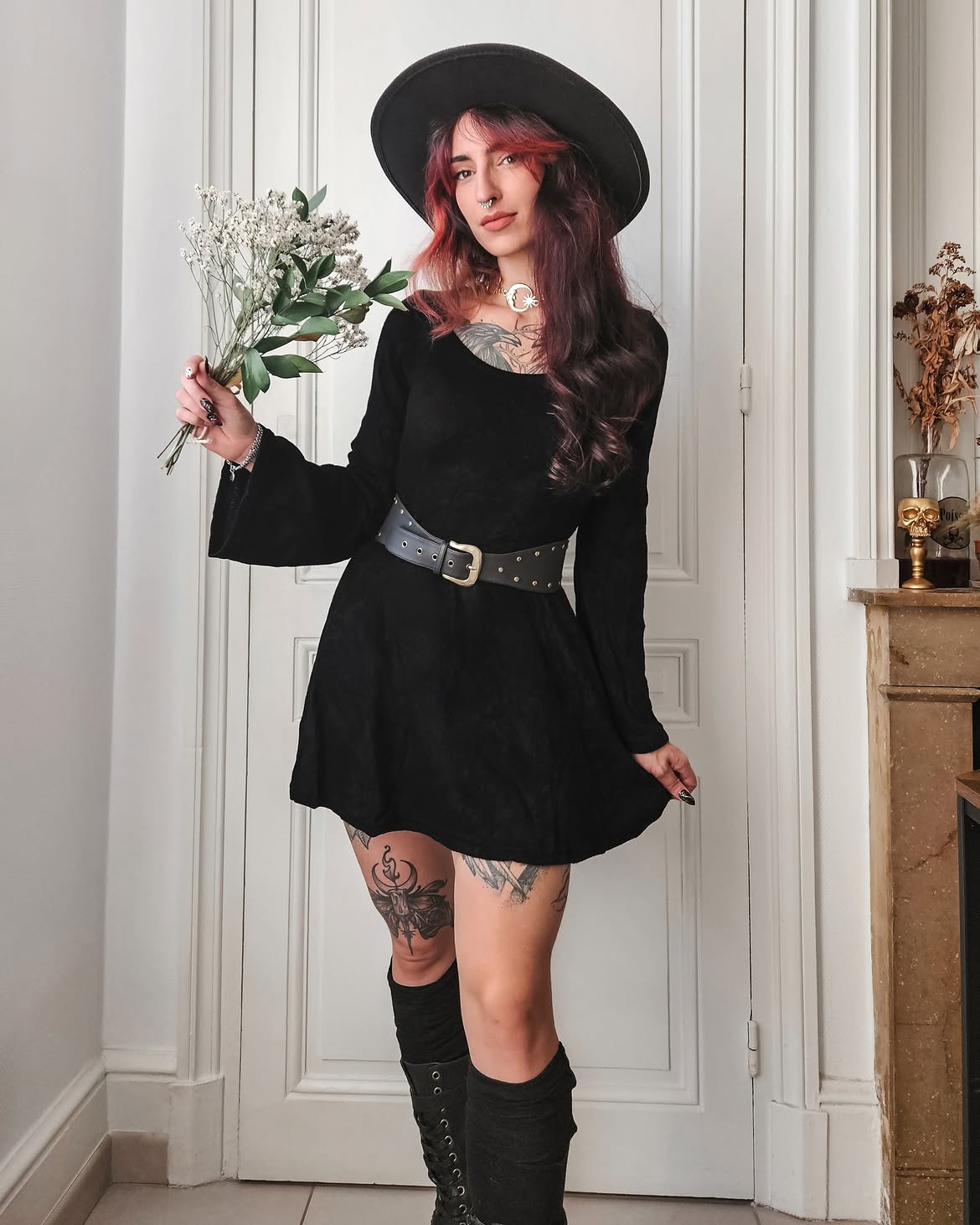 Black Bell Sleeve Mini Dress With Studded Belt