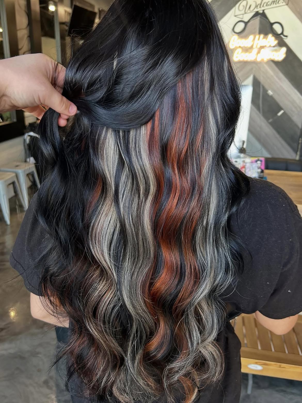 Black Hair With Copper And Silver Peekaboo Highlights