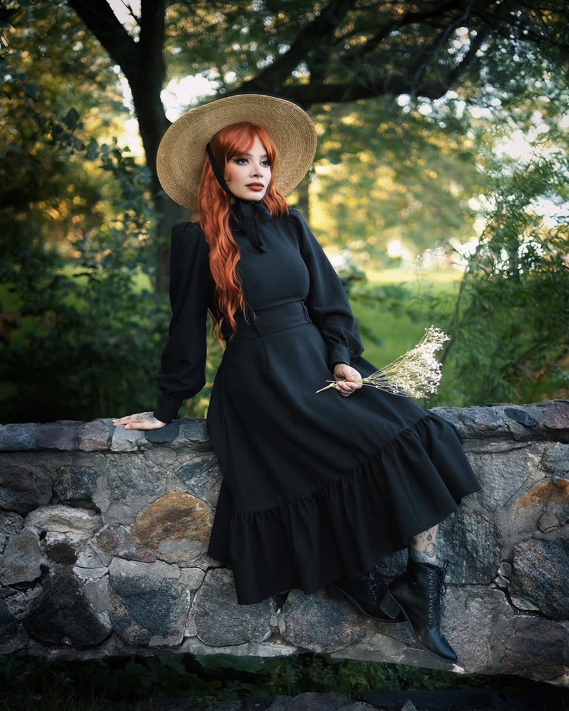 Black Prairie Dress With Straw Hat and Boots