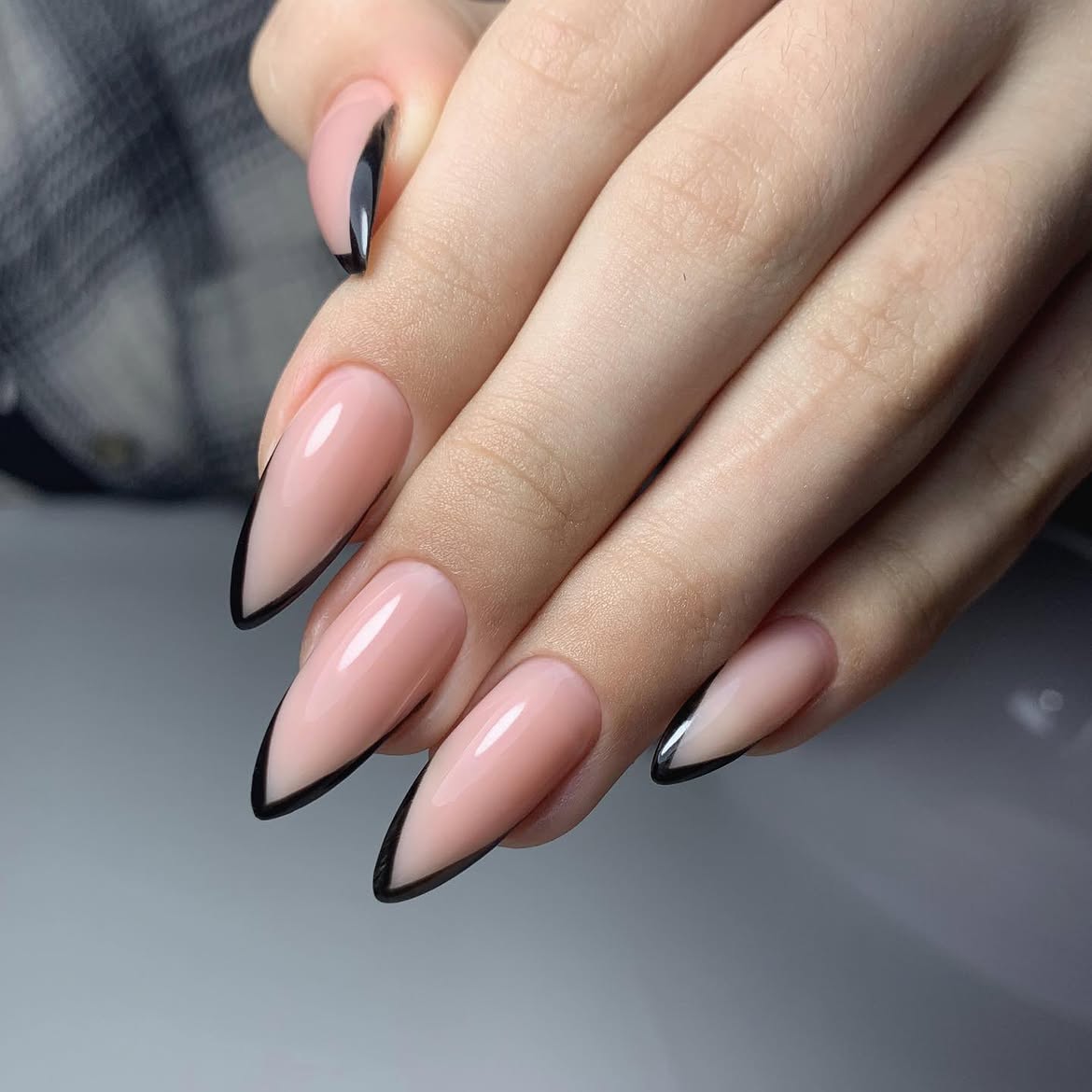 Black Tip Inverted French Almond Nails