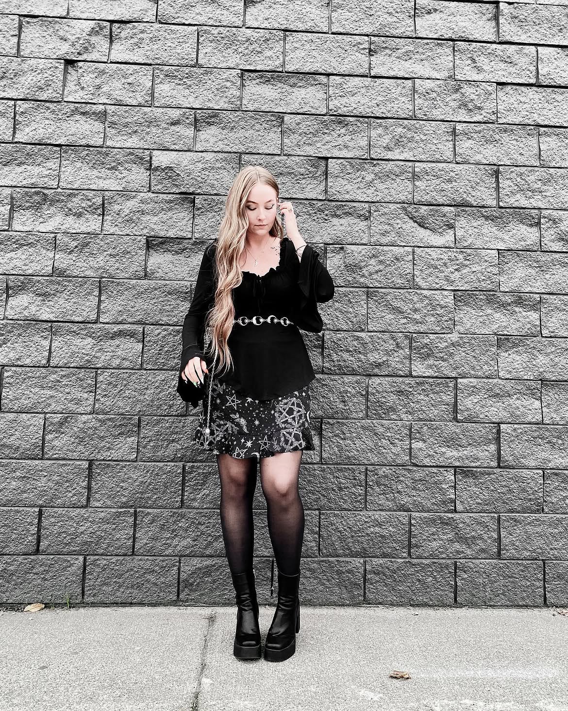 Black Witchy Mini Skirt And Platform Boot Look