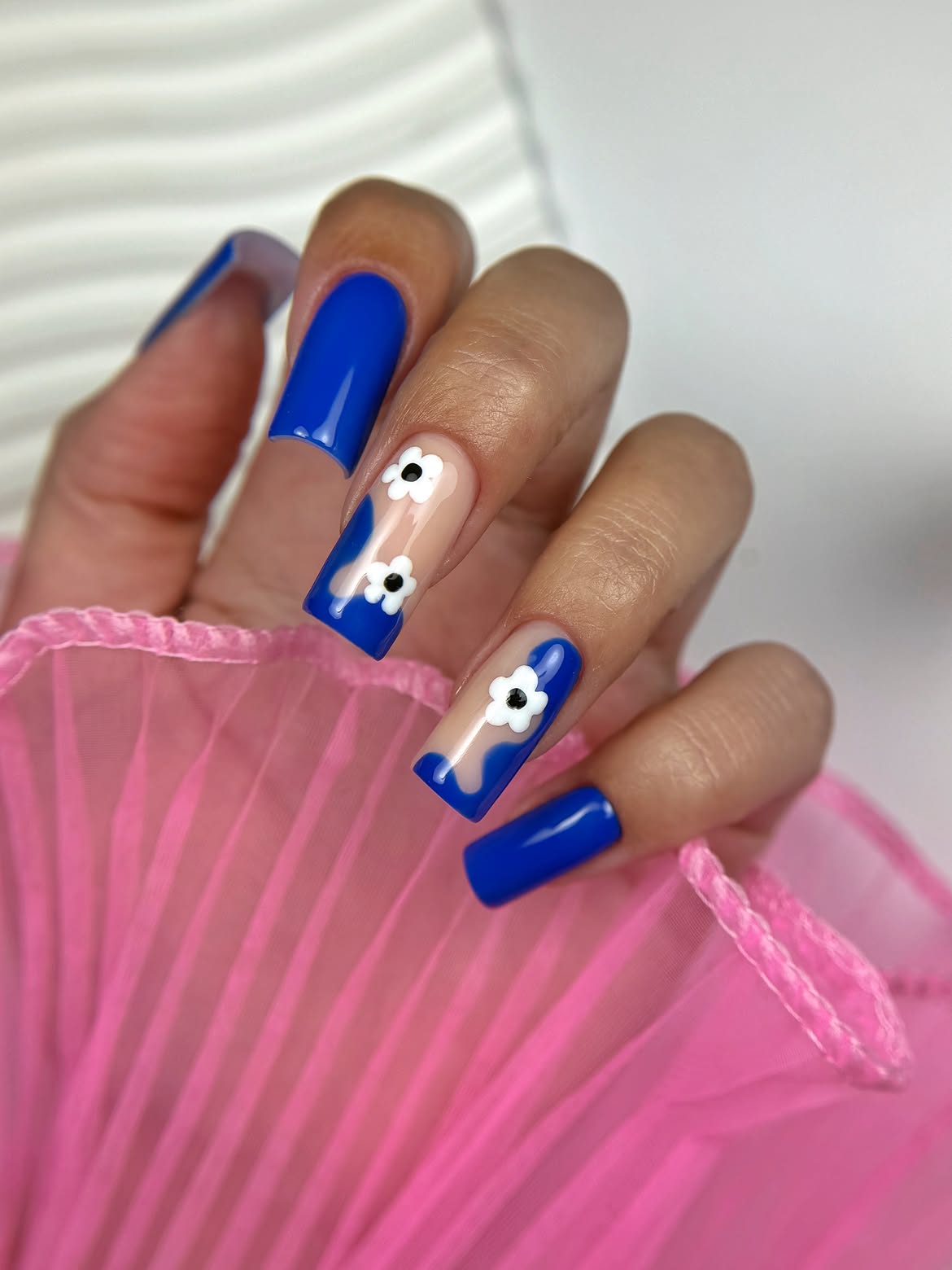 Blue Floral Accent Square Nails