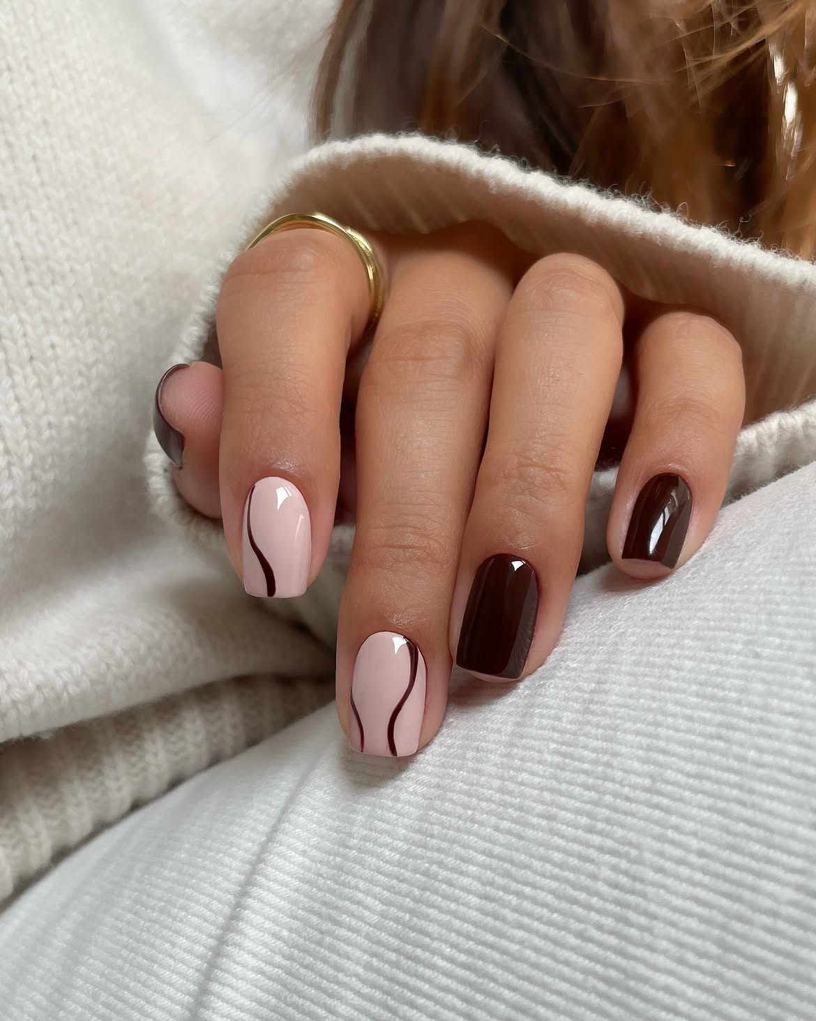 Blush Pink and Chocolate Swirl Nails