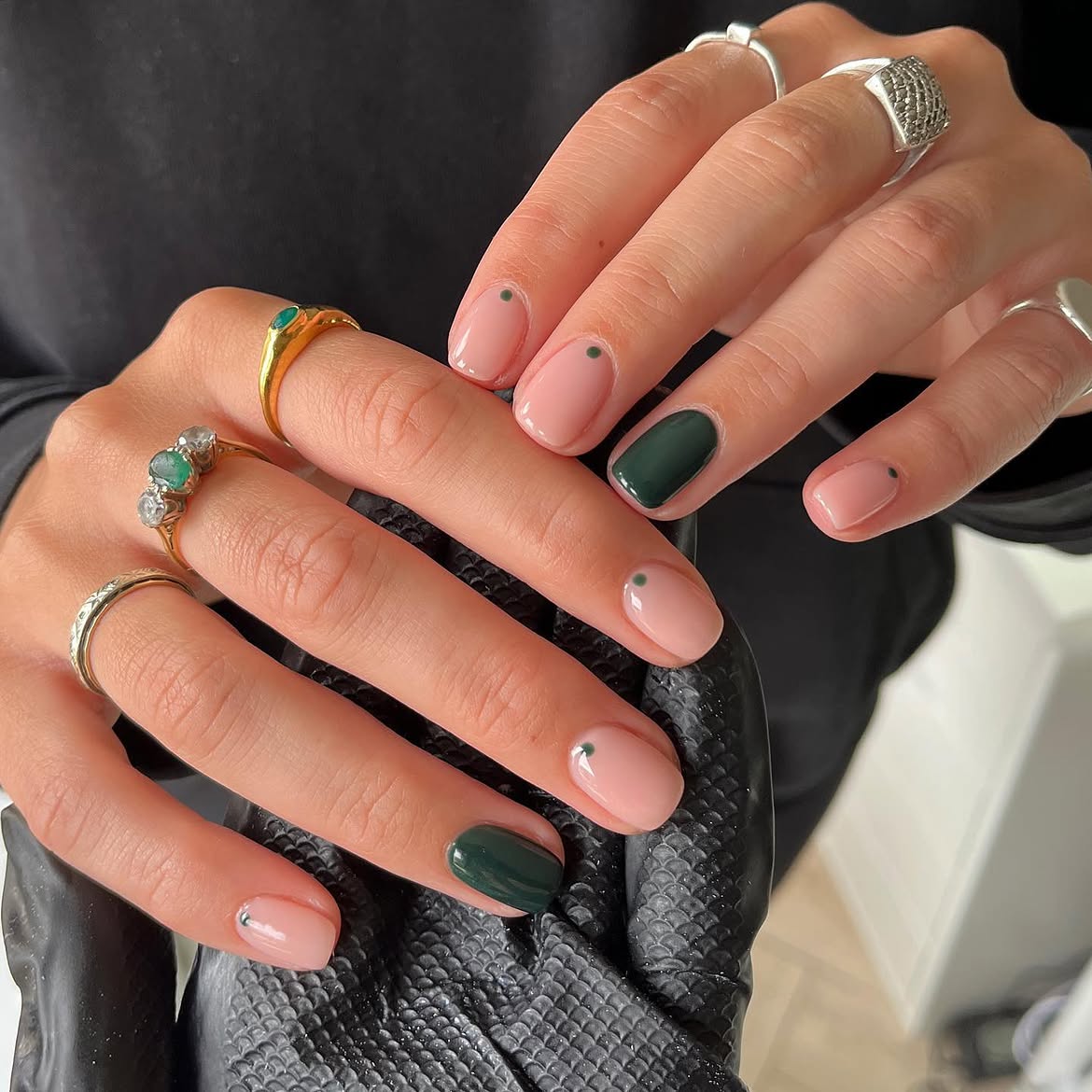 Blush Pink and Forest Green Accent Dot Nails