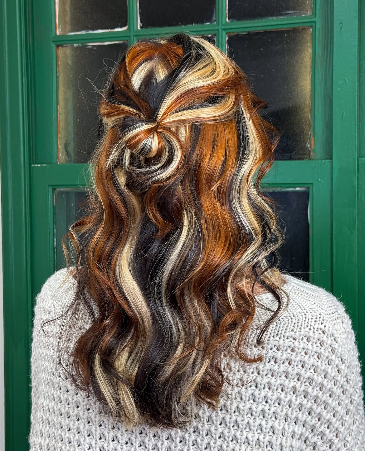 Bold Calico Hair Color With Twisted Updo