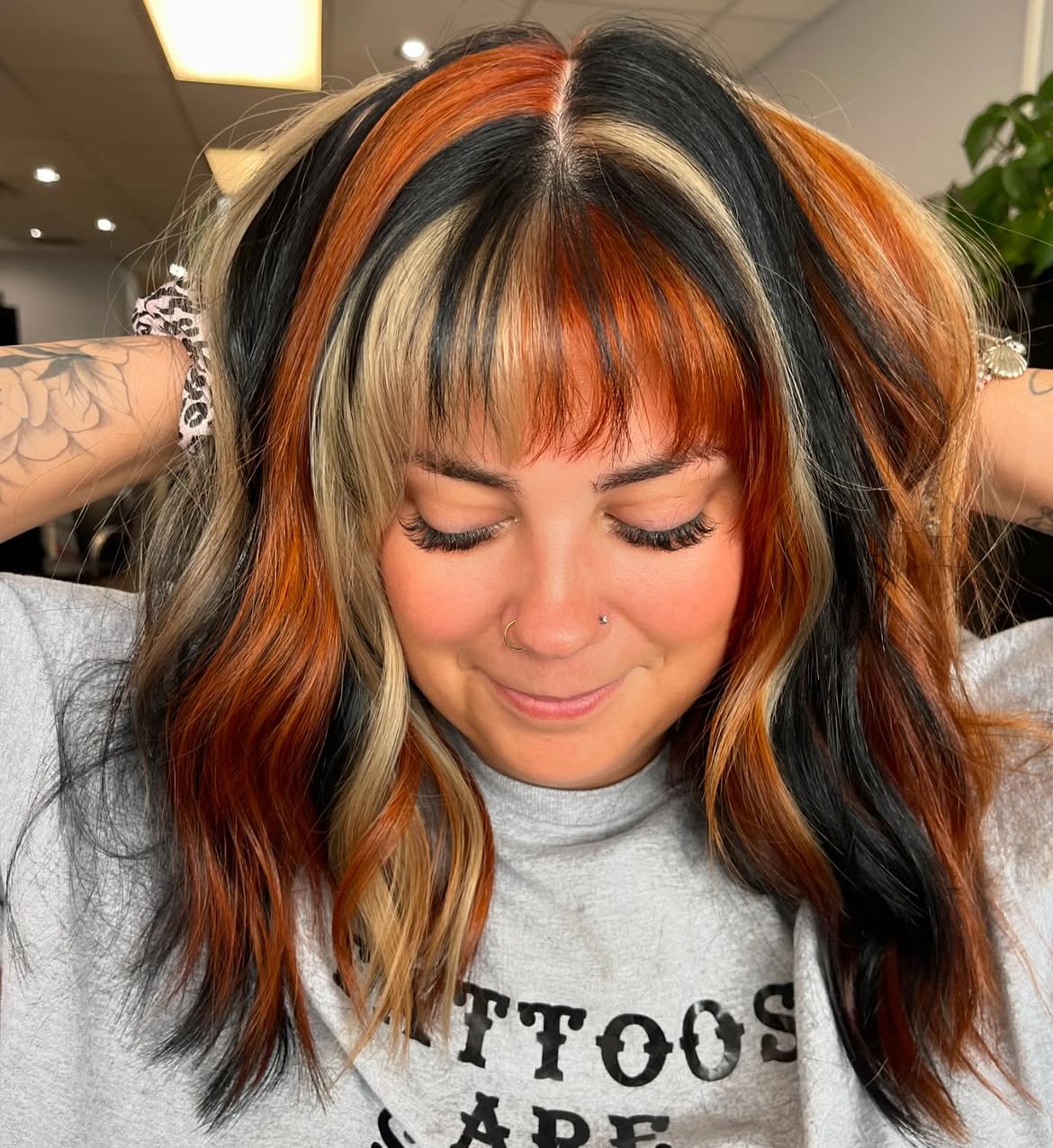Bold Calico Hair with Face-Framing Bangs