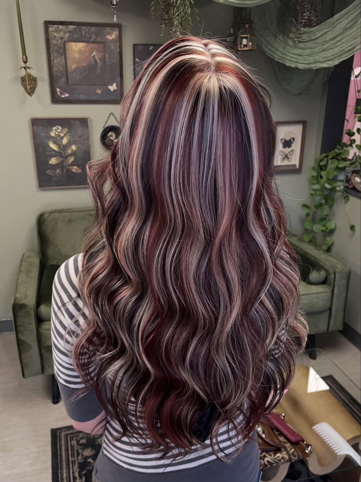 Bold Cherry Wine and Ash Blonde Chunky Highlights