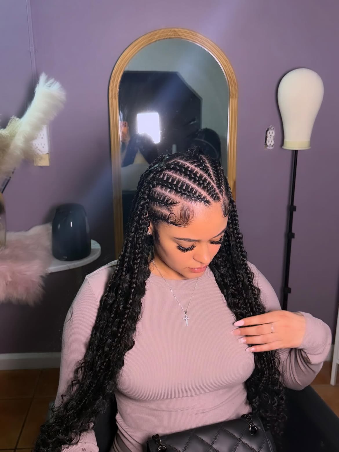 Braided Fulani Crown With Cascading Curly Ends