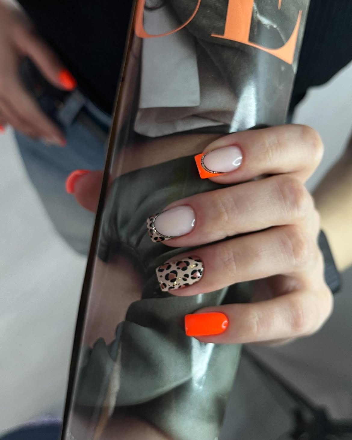 Bright Orange Leopard French Tip Nails