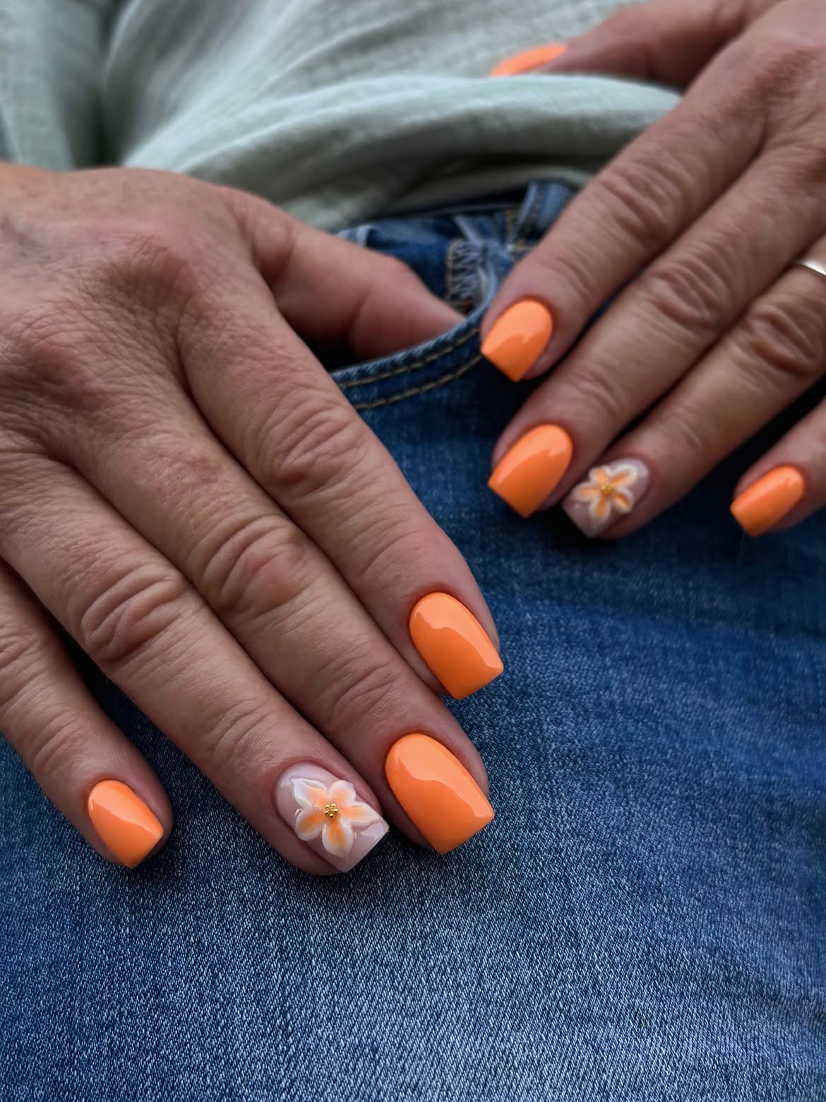Bright Orange Square Nails with 3D Floral Art