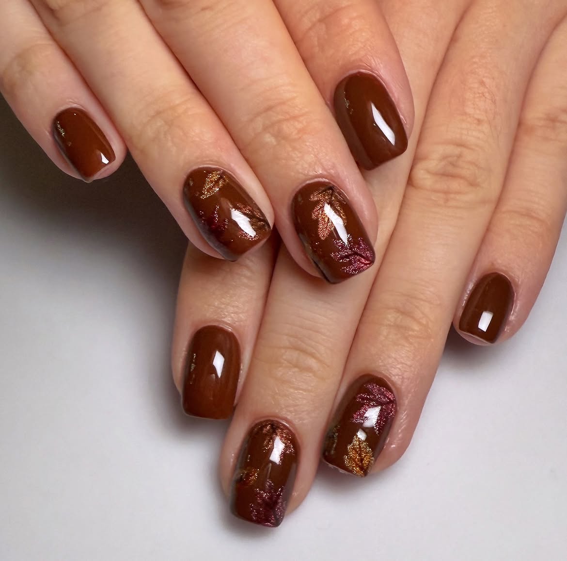 Brown Glossy Maple Leaf Accent Nails