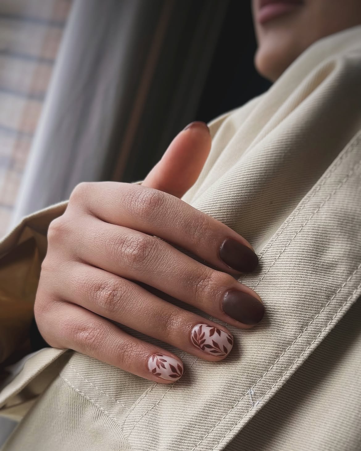 Brown Matte Oval Nails with Fall Leaf Accents