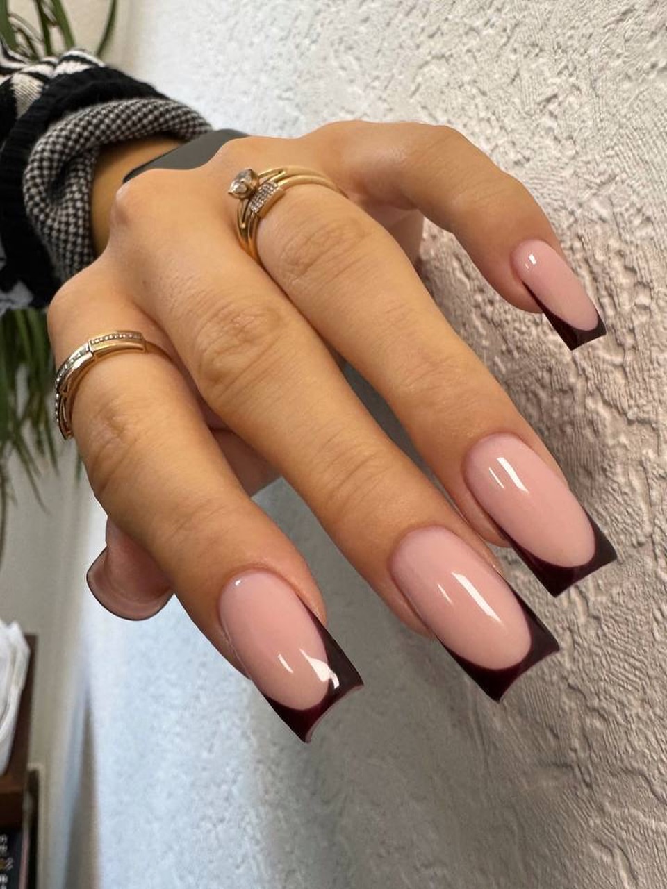 Burgundy Dark French Tip Glossy Square Nails
